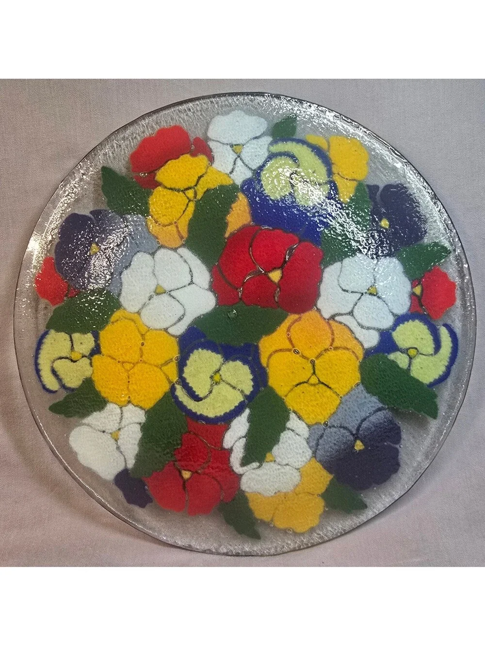 Vintage Peggy Karr Fused Glass 11 inch Pansy Flower Serving Plate w/ Box